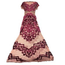 For Love & Lemons Burgundy Velvet Burnout Mesh Art Deco Maxi Dress Beaded Gown