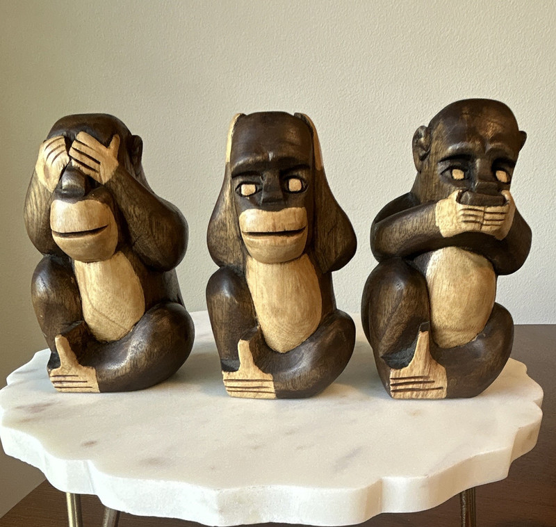 Set of 3 Carved Wood Monkey Figurines - See Hear Speak No Evil