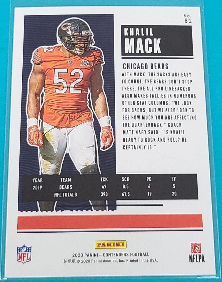 2020 Panini Contenders    #81 Khalil Mack Chicago Bears Football Card Y5 - Image 2 of 2