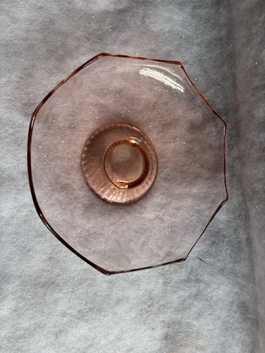 Vintage Pink Depression Pedestal Glass Bowl w/ Etched Floral Design