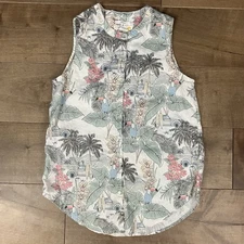 C&C California Women’s Size XS 100% Linen Tank Top White Tropical Print