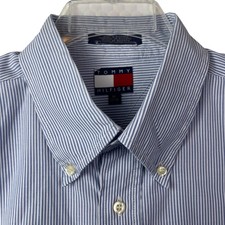 Tommy Hilfiger Mens XL Blue White Striped Button Down Shirt Long Sleeve Crest