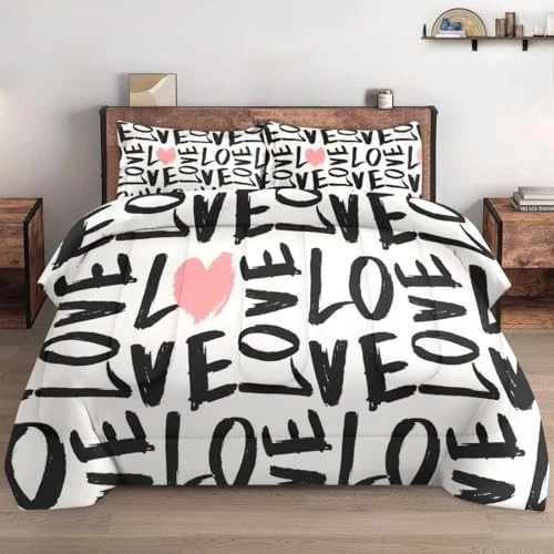 Juego de edredón tamaño, Cool St negro suave 3 piezas ropa de cama para niños Full Pink Love Foto 4 de 4