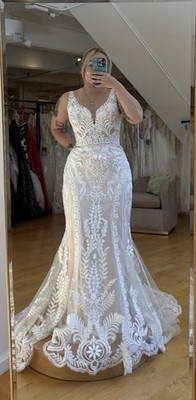 madison james mermaid wedding dress Madison One Shoulder strappy fishtail wedding dress with Lace Detailing, Backless Design, and Sweep Train