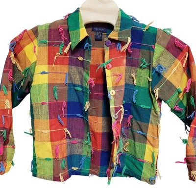 Life Style Plaid Fringe Jacket Rainbow Multi Color Buttons Women's Medium Funky