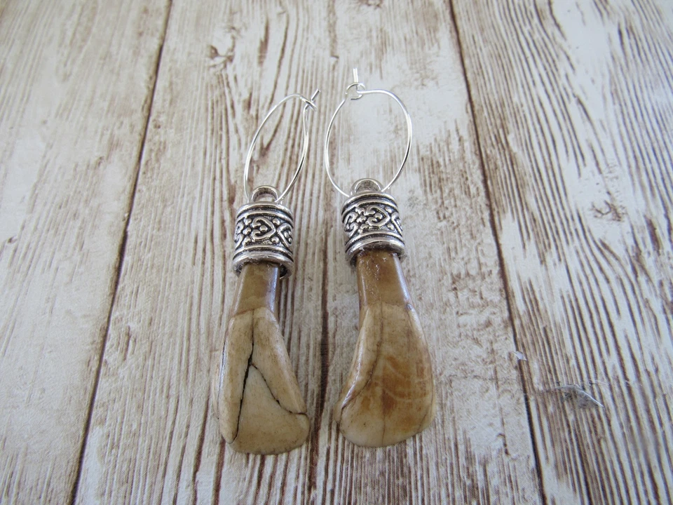 Buffalo Teeth/Tooth Earrings Animal Bone Spirit Animal Hoops E733 - Image 3 of 4