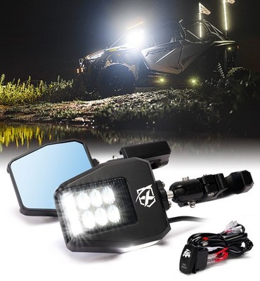 Aluminum Smoked UTV Side View Mirror w/ Spot+Puddle Lights For 1.75''-2'' Roll Cag