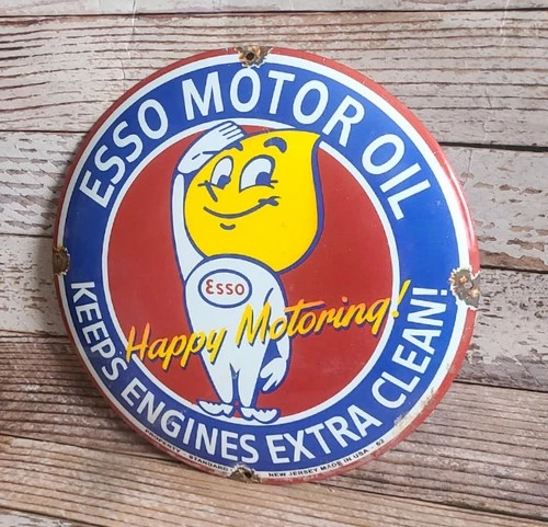 Vintage Esso Motor Oil Porcelain Metal Gas Pump Plate Sign - Happy Motoring