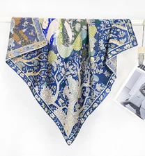 70%Cashmere 30% Silk Bandana Blue bird Print Neckerchief Scarf Shape 35'' Wrap