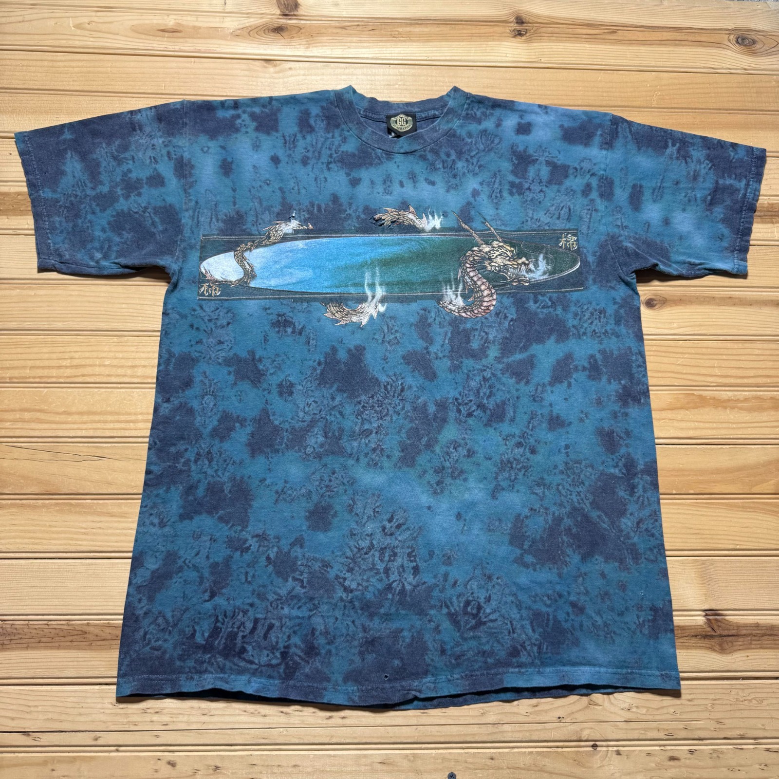 Vintage Y2K Dragon Surfboard Surf Skate Grunge Tribal Asian Tie Dye Shirt Large