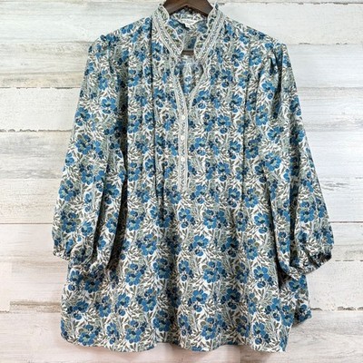 Max Studio London Boho Plus 2X Floral Ruffle Neck Blouse Blue Green Cottagecore