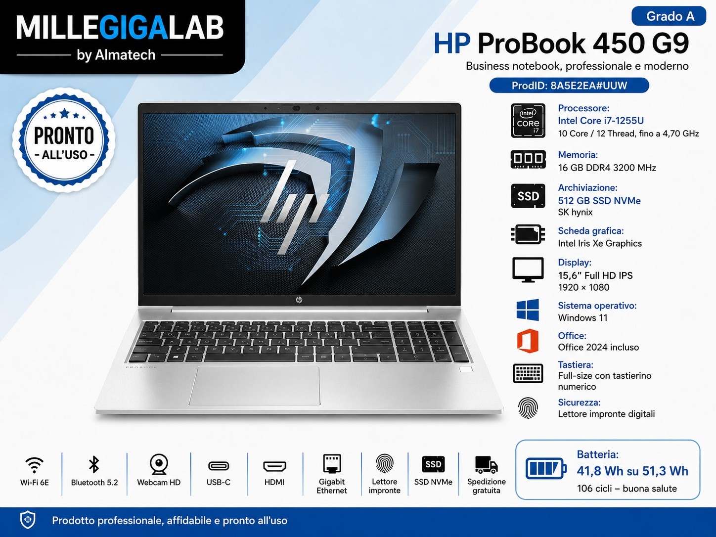 ⭕ HP ProBook 450 G9 i7-1255U 16GB 512GB NVMe Iris Xe 15,6 FHD Office Grado A ⭕