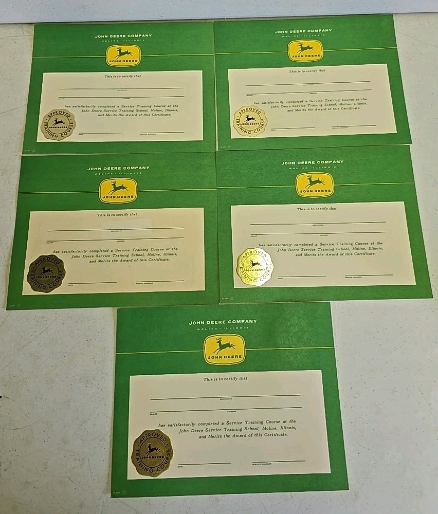 Vintage John Deere 4 Leg Advertising Blank Training Course Certificate Lot Of 5