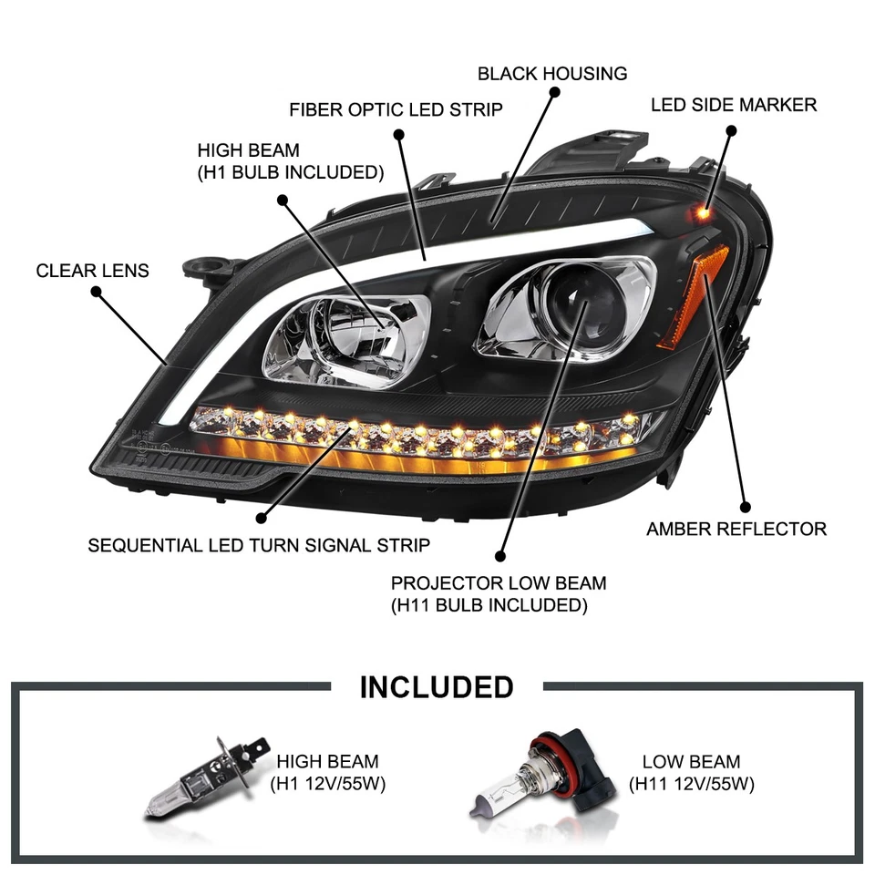 Black Fit 2009-2011 Mercedes Benz W164 ML320 LED Sequential Projector Headlights - Изображение 3 из 4