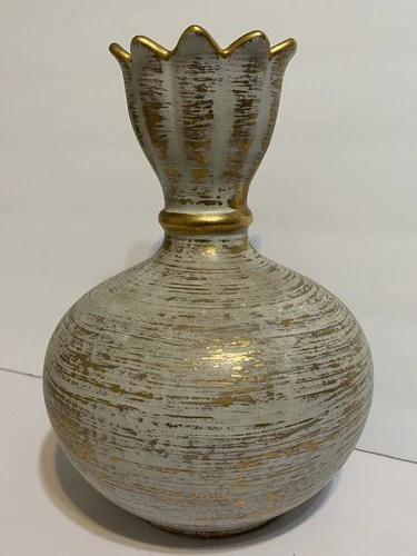 Royal Haeger Vase 10” Tall Gray White Gold 22 Karat Speckled Gold Tweed Glaze