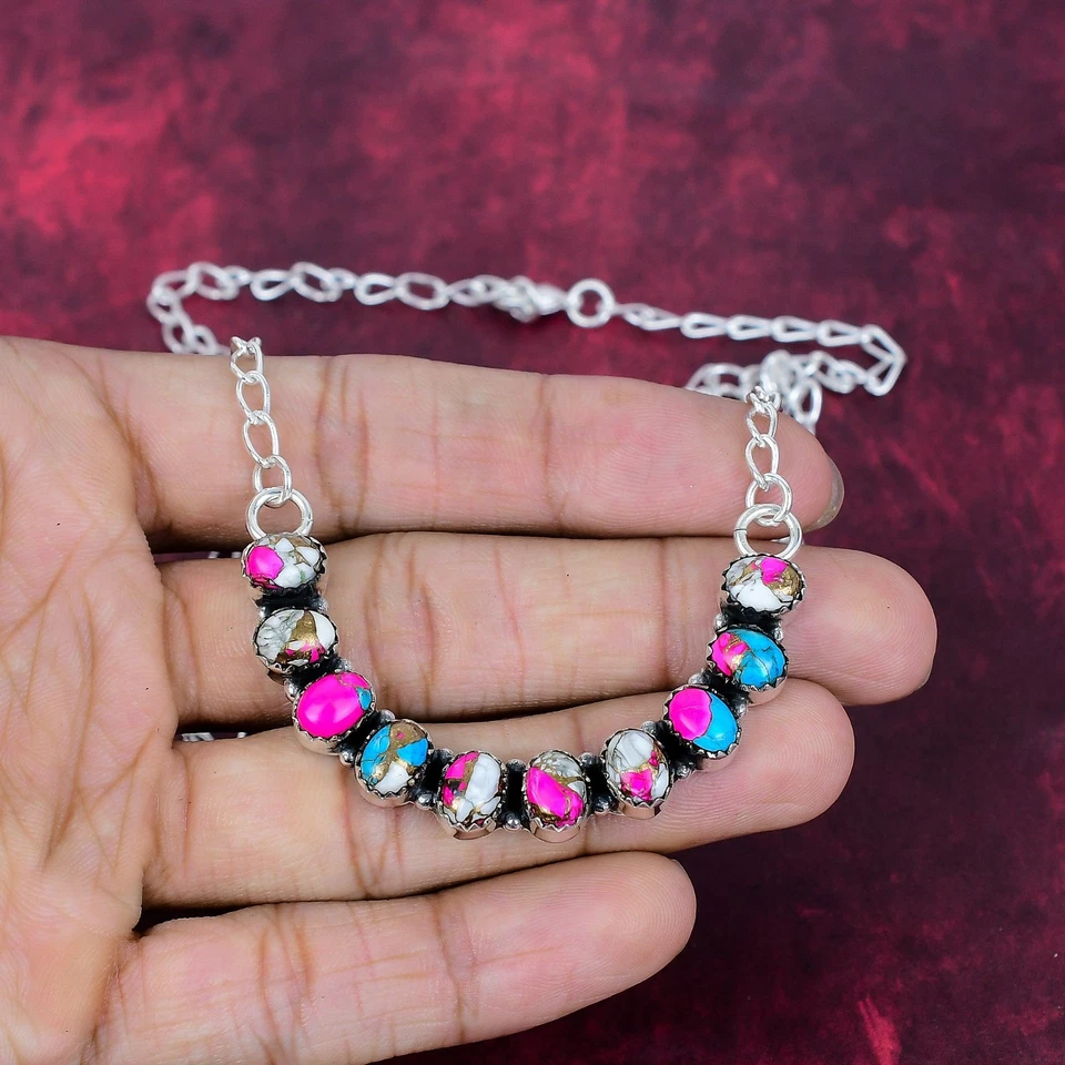Cotton Candy Turquoise Gemstone Handmade 925 Sterling Silver Jewelry Necklace - Image 3 of 4