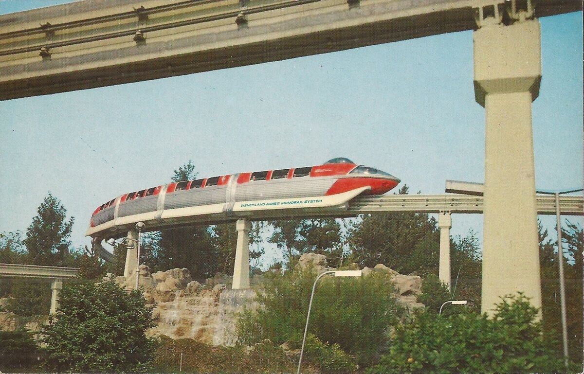 Stunning architecture of Disneyland Monorail featuring its sleek, elevated track and streamlined train car.