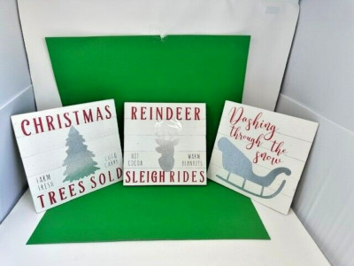 Lot of 3 Christmas Wood Metal Block Decor 10x10 Hanging Signs Sleigh Deer Tree