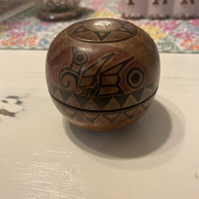 Aztec trinket box brown wood with Burt designs | eBay