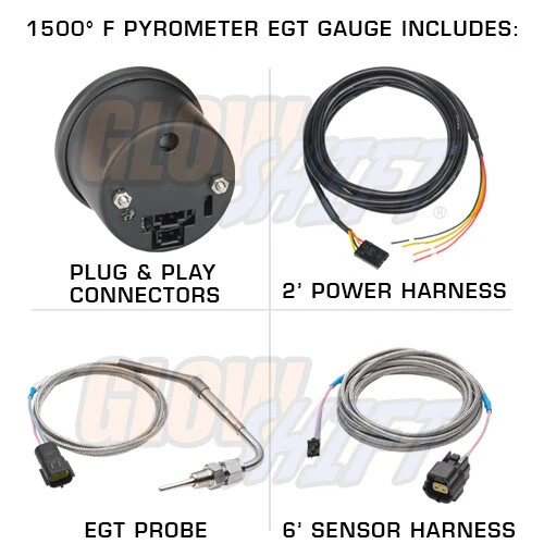 GlowShift 52mm Black 7 Color 60PSI Diesel Boost + 1500F EGT Pyrometer Gauge Set - Image 3 of 4