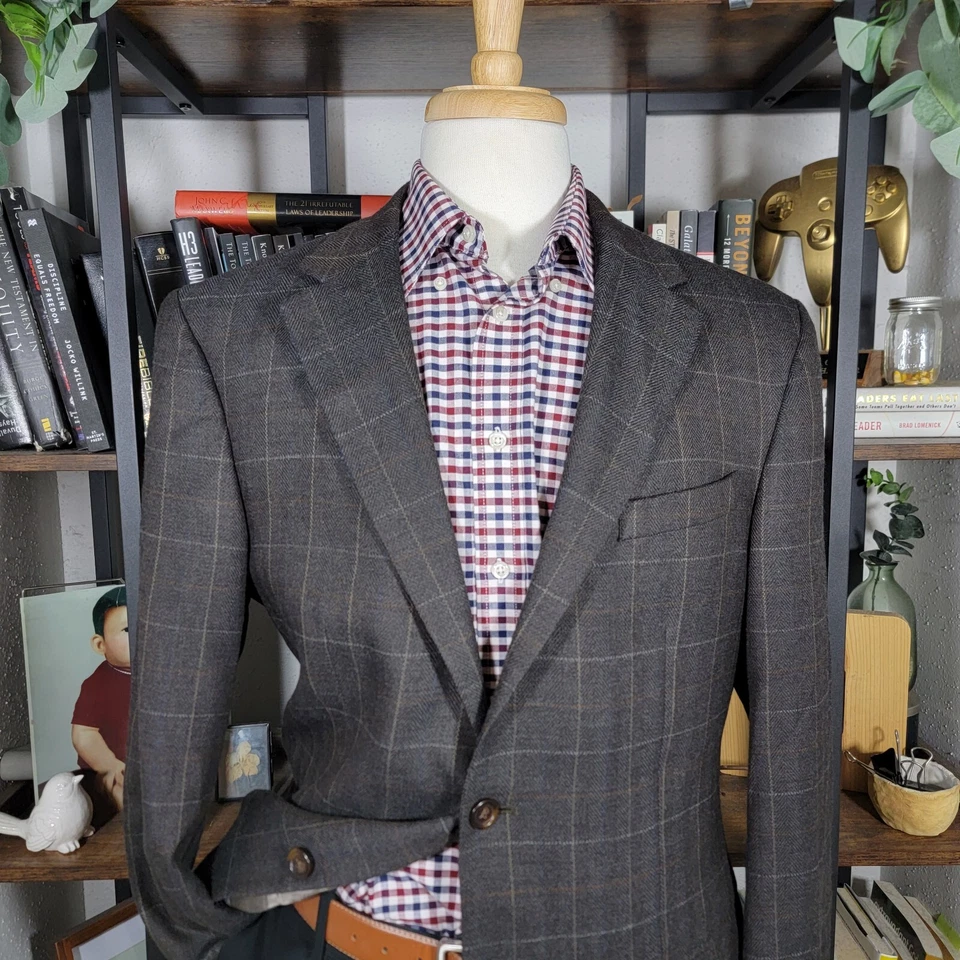 Abrigo Blazer Deportivo Para Hombres Nautica Dos Botones Marrón Cuadros Espiga Corderos Lana 42L Foto 2 de 4