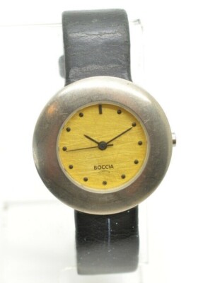 Boccia Round Grey Titanium Ladies Watch on Black Leather Strap with Gold Dial