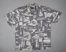 Quiksilver Waterman Shirt Mens Medium Gray Comfort Button Up Hawaiian Ukulele
