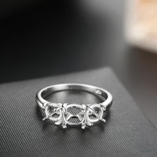 Three Stone Without Stones Ring Round 6mm 5mm Semi Mount Sterling Silver Jewelry