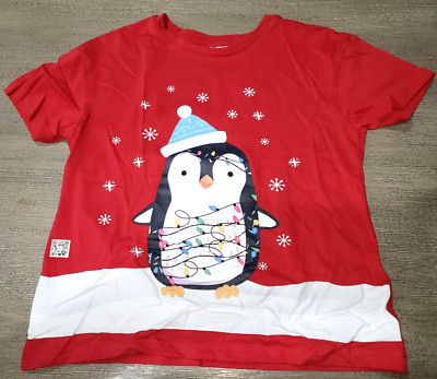 boy CHRISTMAS NEW NWT RED TEE SHIRT 7-8 penguin in lights flakes CODE WORKS 