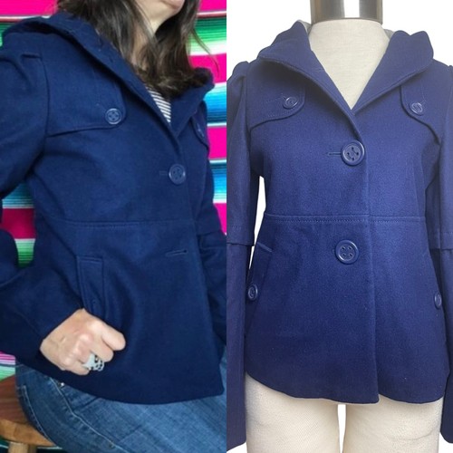 Anthropologie Elevenses Womens Navy Wool Blend Hooded Barbette Peacoat Sz 4
