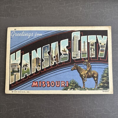 c. 1941 LINEN Postcard LARGE LETTER Greetings from KANSAS CITY MO unp