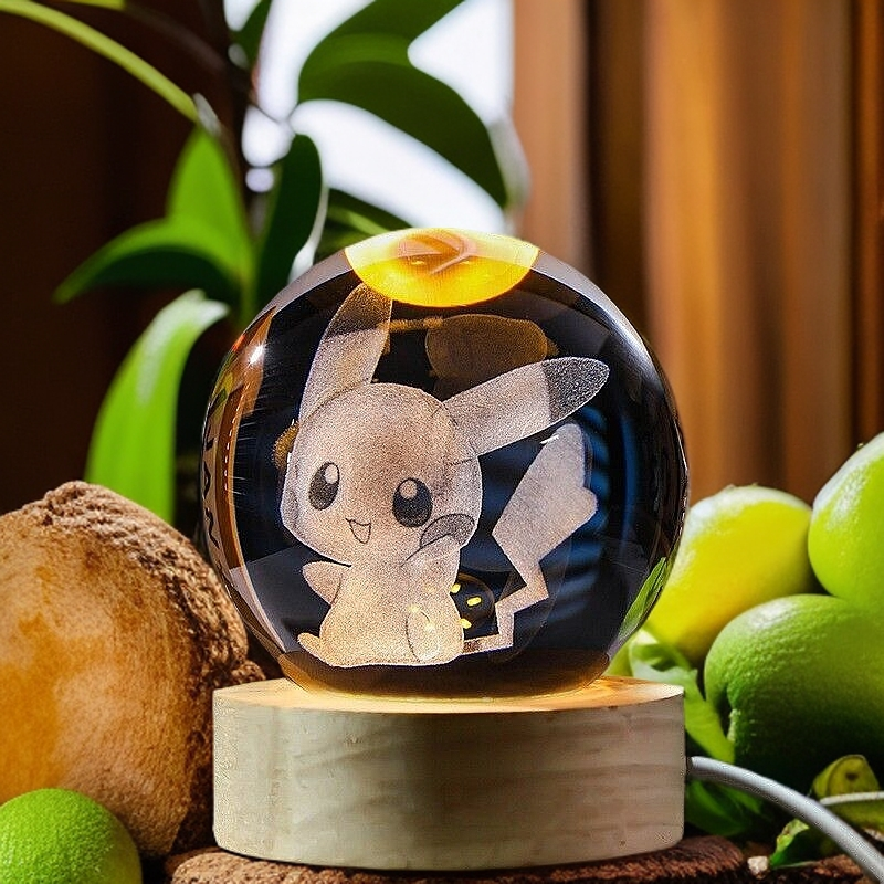 3D Carved Pikachu Crystal Ball Night Light with Wooden Base for Kids