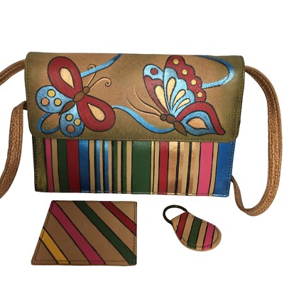 Anuschka NEVER USED Handpainted Leather Small Cross Body Butterfly Stripes Flap
