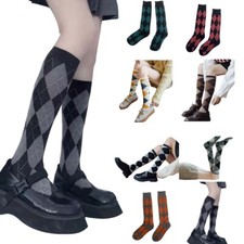 Women Knee High Socks College Vintage Multicolor Argyle Print Stockings