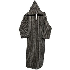 Moroccan Beige Grey 3-Quarter Length Striped Wool Blend Hooded Thobe Djellaba