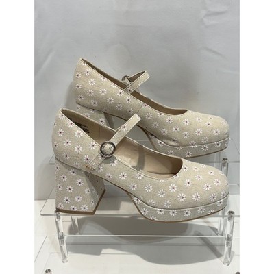 Madden Girl Mary Jane Heels Womens 8.5 Beige Floral Daisy Platform Block Heel