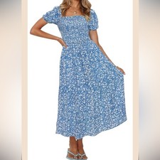 ZESICA FLORAL BLUE PRINT SQUARE NECK RUFFLE SWING BEACH DRESS Sz Small Peasant