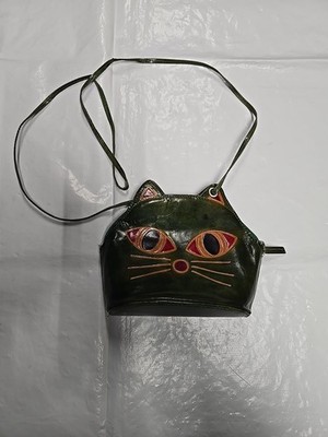 Leather Cat Purse  Cute Leather Big Eyes Cat Purse Green  80's Cat Lovers Retro