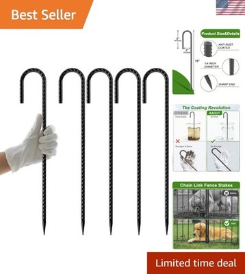 12 Inch Rebar Stakes 4 Pack - J Hook Heavy Duty Ground Stakes For Canopy Tent, Trampoline, Fence - Rust Proof Coated Steel Anchors Black