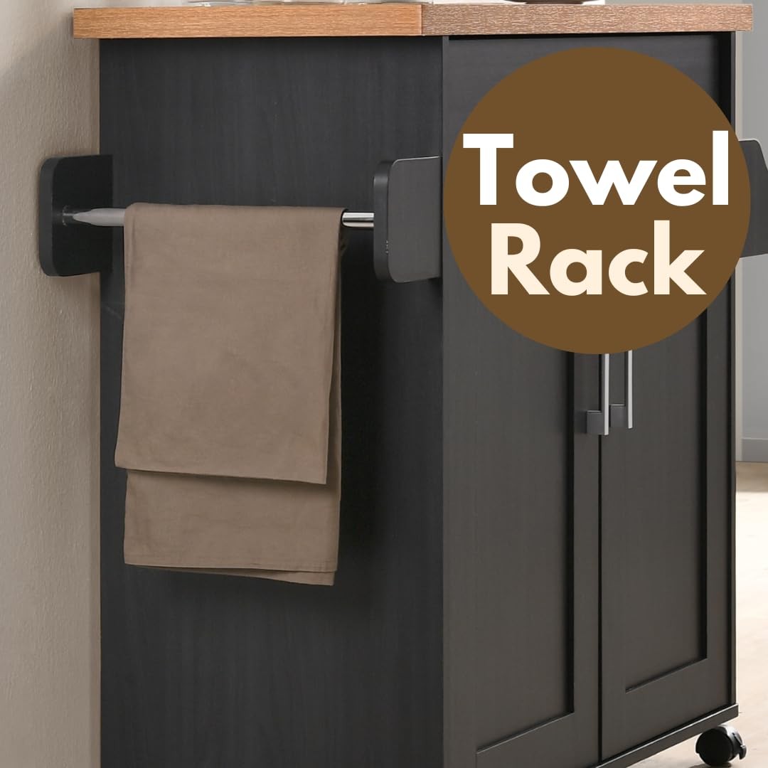 Hodedah Kitchen Island with Spice Rack, Towel & Drawer, Black Beech