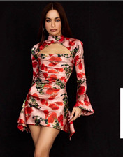 House of CB Toira Floral Satin Mini Dress High Neck Cut-Out Bell Sleeve S Party