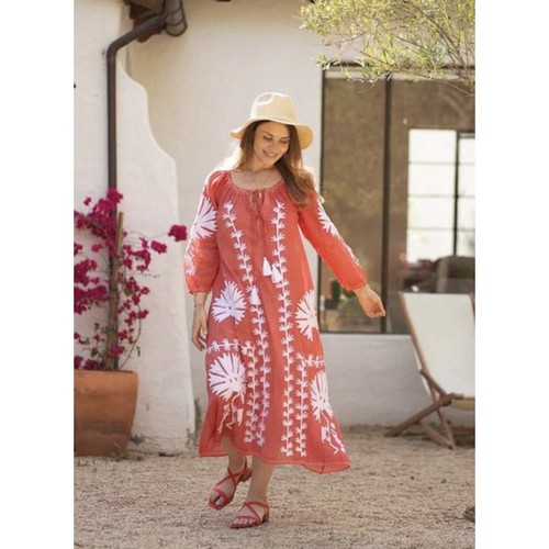 Dolma Elana Dress Women’s One Size Coral Embroidered Midi Tassel Tie Boho