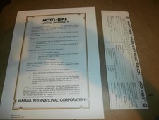 Vintage 1975 Yamaha Moto-Bike Bicycle Warranty & Registration Certificate