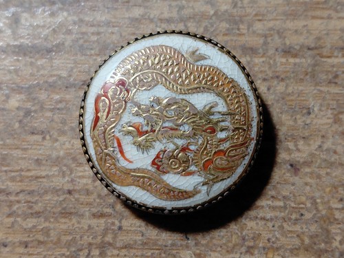 Antique Satsuma Button - Dragon Black Gold Dot Border - Hand Painted Gold 1 1/4"
