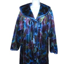 Vintage Aria Womens Velvet Long Robe Floral Blue Purple Button Front Tie Closure