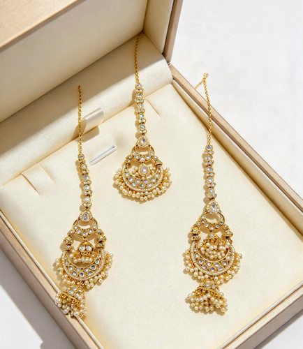 Yellow Gold Plated Imitation Pearl Rhinestone Tikka& Dangle Earrings Set
