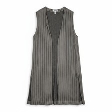 Chicos Linen Cardigan Vest M/L Black Gray Tan Stripe Sleeveless Lagenlook Duster