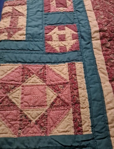 HANDMADE BEAUTIFUL BABY QUILT, /THROW DIAMOND/SQUARE/STAR RED TEAL 41x57 - Picture 7 of 13