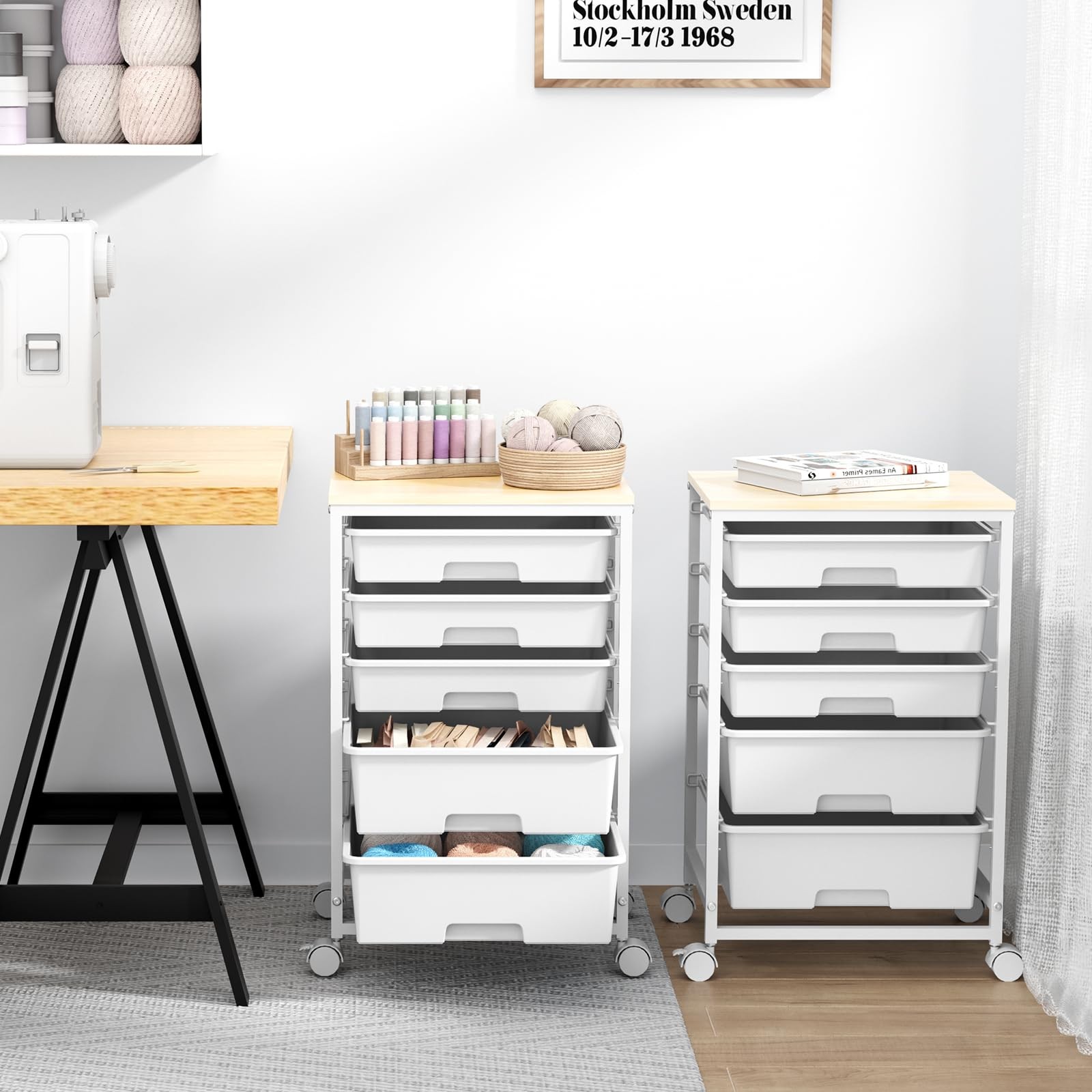 Utility Cart with 5 Drawers,Storage Drawer Cart with Wooden Tabletop and Lock...
