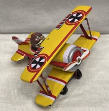 Vintage Tin Fokker Biplane Airplane Ornament – Yellow Red Bi-Plane – Excellent
